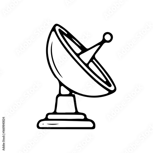 Minimalist black line drawing of satellite dish antenna, suitable for communication, tech, space stock graphics