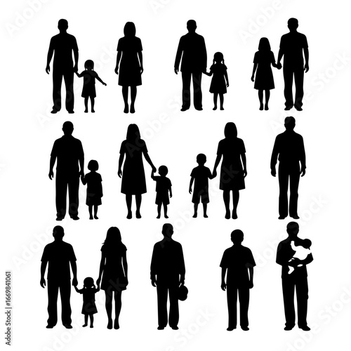 Family Silhouettes in a Grid: Diverse Adults and Children Holding Hands Across a Shared Moment