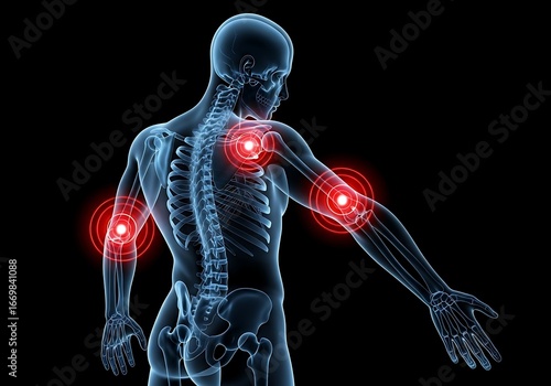 Painful shoulder and elbow joints highlighted on a digital anatomical model.