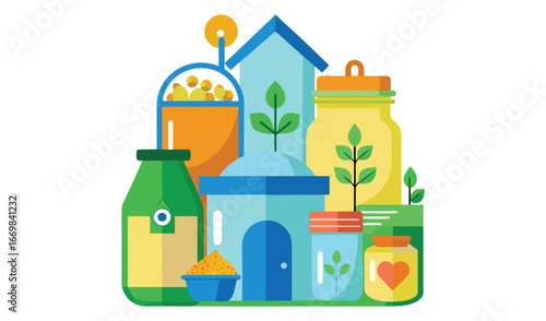 Sustainable living and home gardening concept with jars and greenery