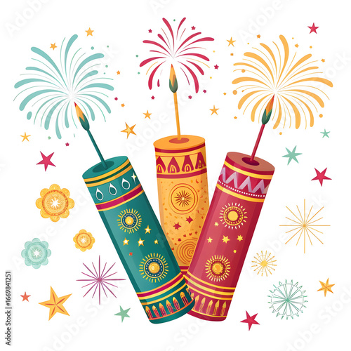 Colorful Diwali Firecrackers with Teal Orange and Red Cylindrical Designs Exploding Fireworks Isolated on Black Background Festive Celebration Illustration