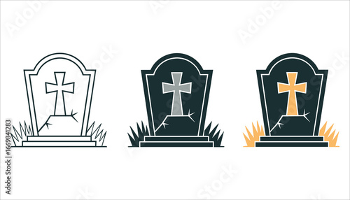 Halloween Graveyard Tombstone with Cross Vector Illustration, Spooky Headstone Clipart for Cemetery, Grave, RIP Design