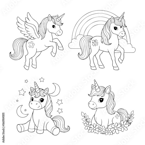 Whimsical Unicorns: Four Fantasy Creatures With Wings, Horns, and Rainbows in Dreamy Garden Scene