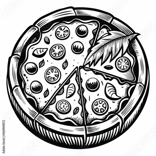 Cartoon Pizza Slices with Various Toppings and Fresh Basil Leaves Arranged Artistically on a White Backdrop