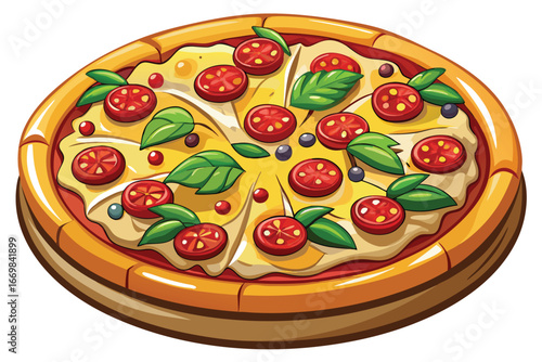 Delicious Cartoon Pizza with Tomatoes and Basil Toppings A Visually Appealing and Mouthwatering Food Illustration