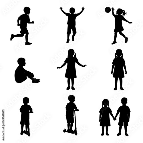 Group of children various poses standing in row vector silhouette set.