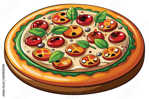 Delicious Cartoon Pizza with Tomatoes and Basil Toppings A Visually Appealing and Mouthwatering Food Illustration