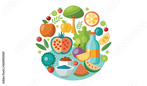 Healthy food and drink assortment arranged in an oval shape