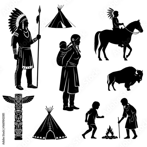 Silhouettes Depicting Traditional Indigenous Lifestyle and Cultural Elements

