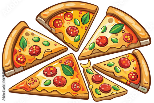 Colorful Cartoon Pizza Slices with Various Toppings and Fresh Basil Leaves Arranged Artistically on a White Backdrop