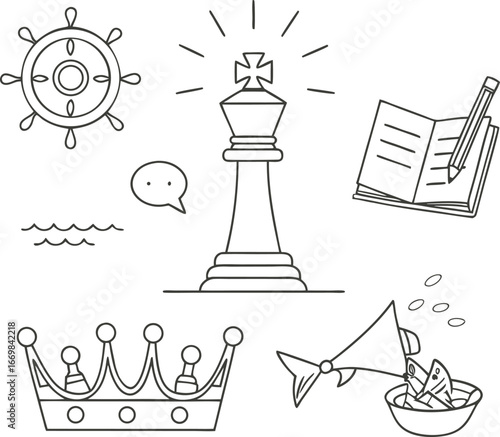 Vector art of a chess set silhouette symbolizing a knight, pawn, rook, and king, representing law and justice