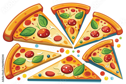 Colorful Cartoon Pizza Slices with Various Toppings and Fresh Basil Leaves Arranged Artistically on a White Backdrop