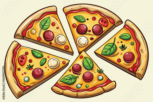 Colorful Cartoon Pizza Slices with Various Toppings and Fresh Basil Leaves Arranged Artistically on a White Backdrop