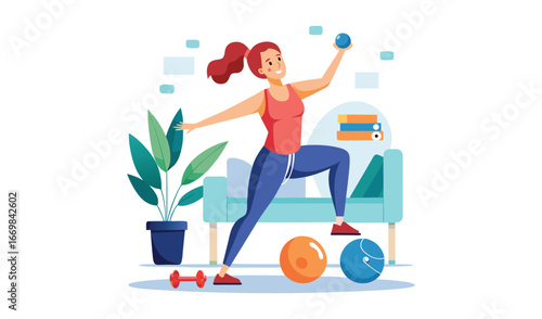 Woman exercising with weights and fitness ball at home