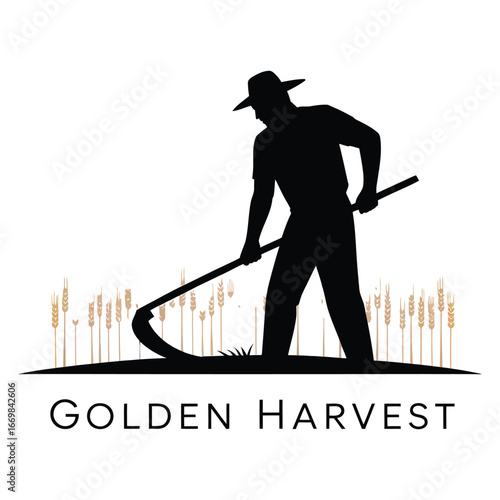 Golden Harvest Silhouette Illustration of a Farmer with Scythe in Wheat Field at Sunset