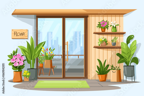 Cozy Plant Shop Interior with View of City Skyline