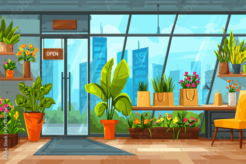 Bright and Lively Plant Shop Interior with Modern Decor and Open Sign