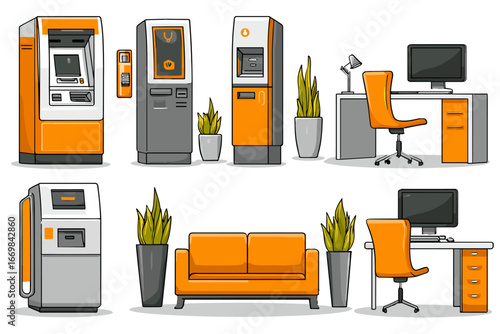 Collection of Modern Banking and Office Equipment with Stylish Furniture and Decor Elements