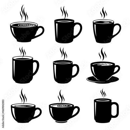 Collection of Black Silhouette Coffee Designs for Logos and Illustrations
