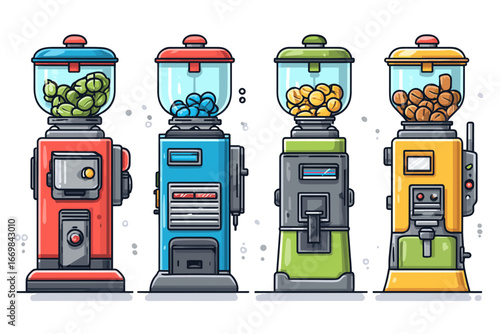 Colorful Vintage Gumball Machines in Line - Vector Illustration