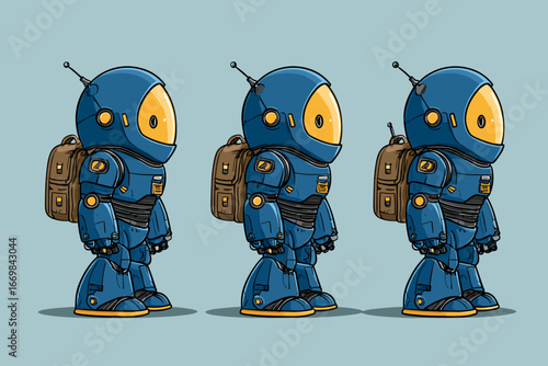 Three Cartoon Robots with Backpacks in a Fun, Playful Style