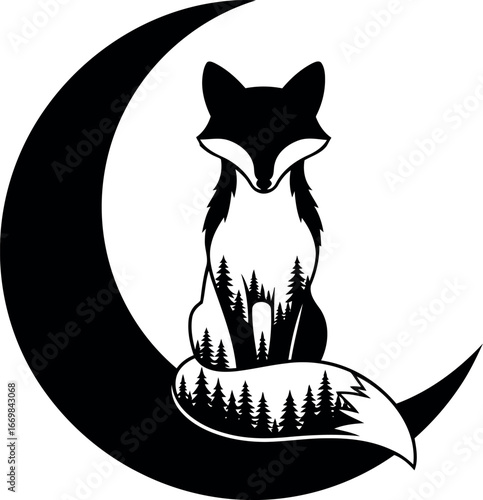 Mystical fox sits on crescent moon with forest silhouette vector