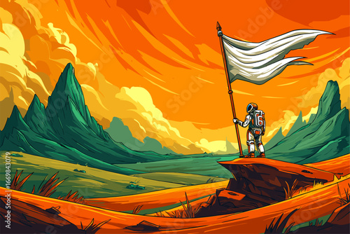Astronaut Planting Flag on Alien Landscape with Dramatic Sunset