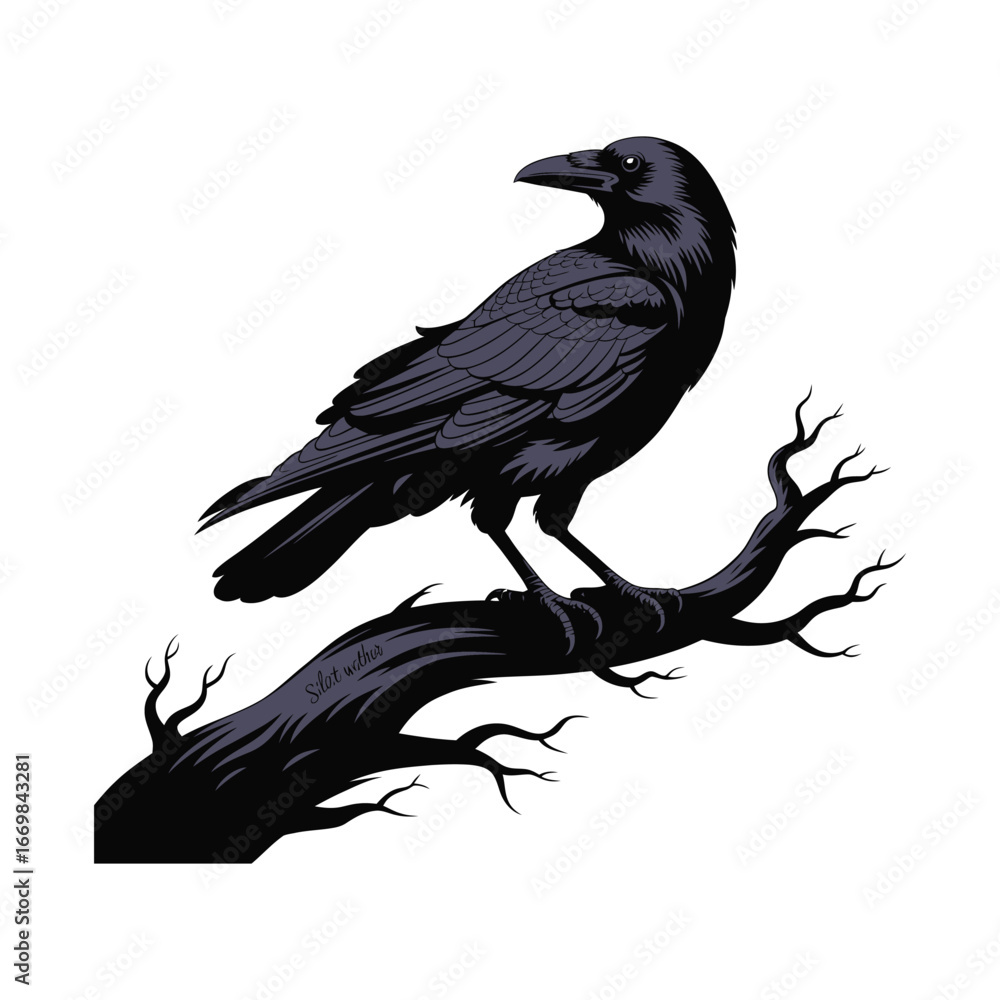 Fototapeta premium Raven Silhouette Illustration on Branch in Black and Gray Vector Graphic Design Art