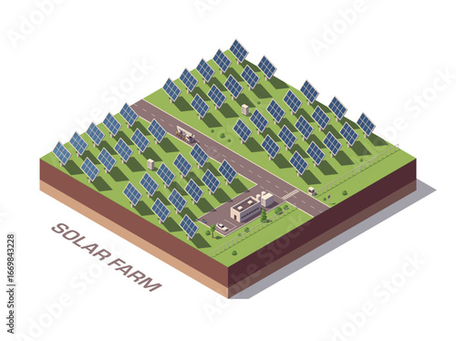 Isometric Solar Farm. Vector Illustration