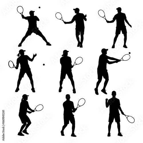 Tennis Player Silhouettes Vector Sheet - Dynamic Minimalist Sports Icons