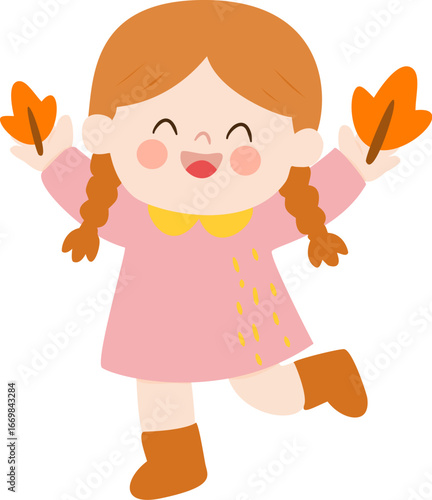 Cute Thanksgiving Girl with Autumn Leaves – Fall Cartoon Character