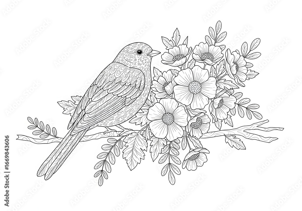 Fototapeta premium Charming bird perched on a branch amidst delicate floral blooms, perfect for nature art