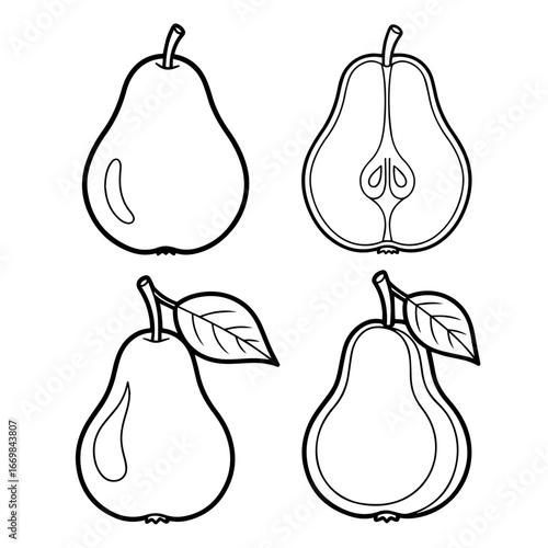 Black and White Pear Sketches Displaying Various Groupings and Designs