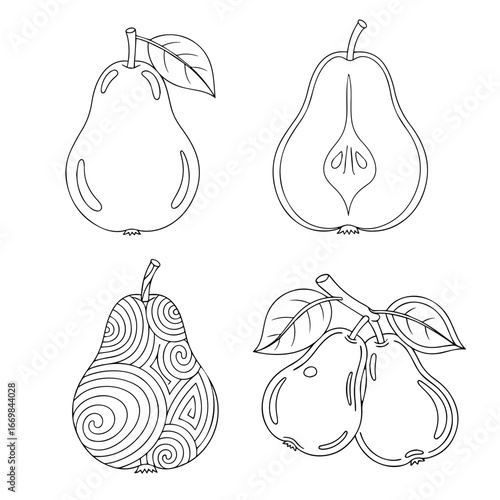 Black and White Pear Sketches Displaying Various Groupings and Designs