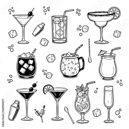 Assorted Cocktail Glasses and Drinks Collection With Ice and Garnish for Social Gatherings
