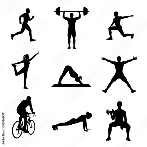 Silhouette Fitness Icons Set Featuring Running, Weightlifting, Yoga, Cycling and More for Health and Wellness Stock Use