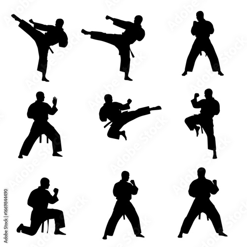 Vector art of silhouettes of a karate practitioner in various fighting stances and moves