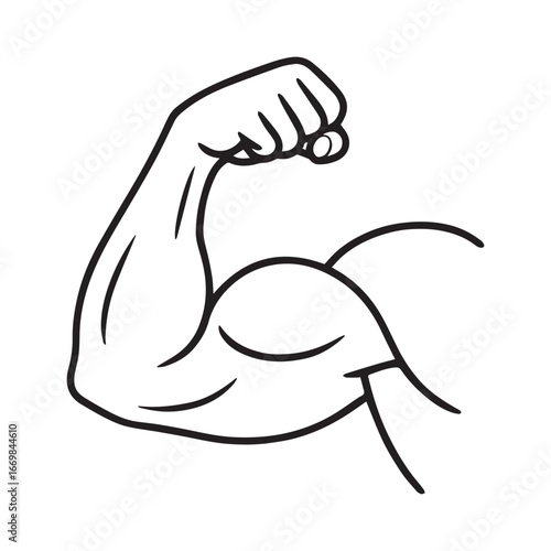 Line art illustration of a flexed strong arm with biceps and clenched fist, symbolizing strength, fitness, power vector