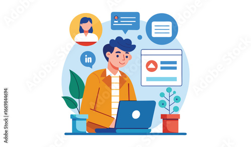 Man working on laptop with social media and online communication elements