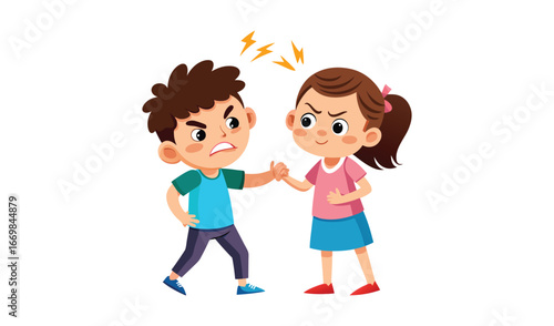 Two angry cartoon children fighting and arguing with each other