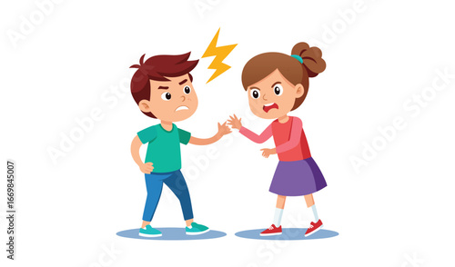 Two angry cartoon children arguing and fighting with fists raised