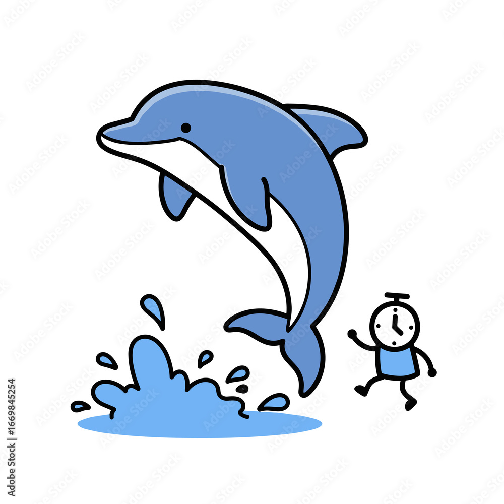 Naklejka premium Dolphin jumping out of water with clock character