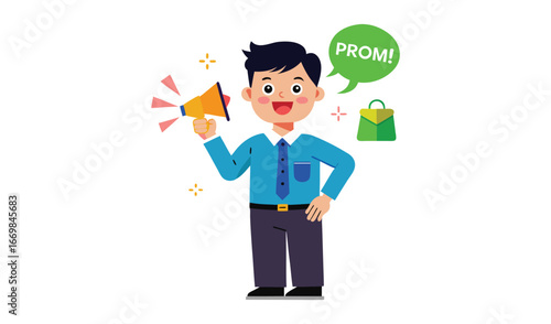 Man with megaphone announcing promotion and shopping bag