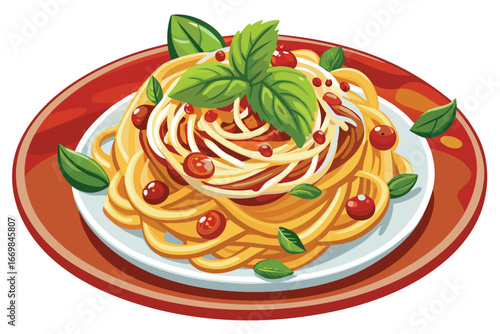 Delicious Spaghetti Served in a Vibrant Bowl with Fresh Basil Garnish A Culinary Delight Vector Illustration