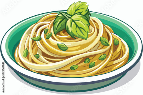Delicious Spaghetti Served in a Vibrant Bowl with Fresh Basil Garnish A Culinary Delight Vector Illustration
