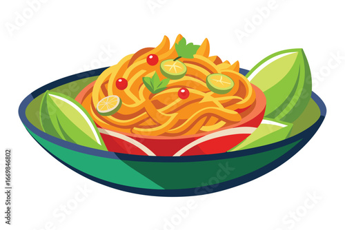 Delicious Pad Thai Noodles Served on a Green Plate Garnished with Lemon Slices and Green Vegetables in an Artistic Vector Illustration