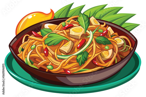 Delicious Pad Thai Noodles Served on a Green Plate Garnished with Lemon Slices and Green Vegetables in an Artistic Vector Illustration