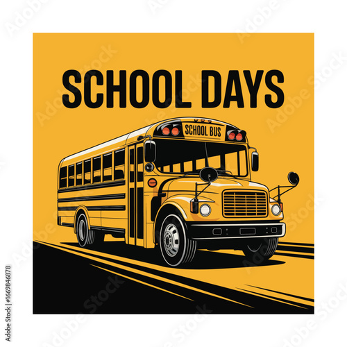 School Days Illustration Silhouette of a Classic Yellow School Bus on the Road to Education