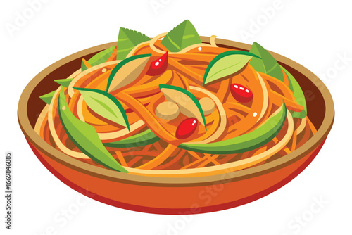 Delicious Pad Thai Noodles Served on a Green Plate Garnished with Lemon Slices and Green Vegetables in an Artistic Vector Illustration