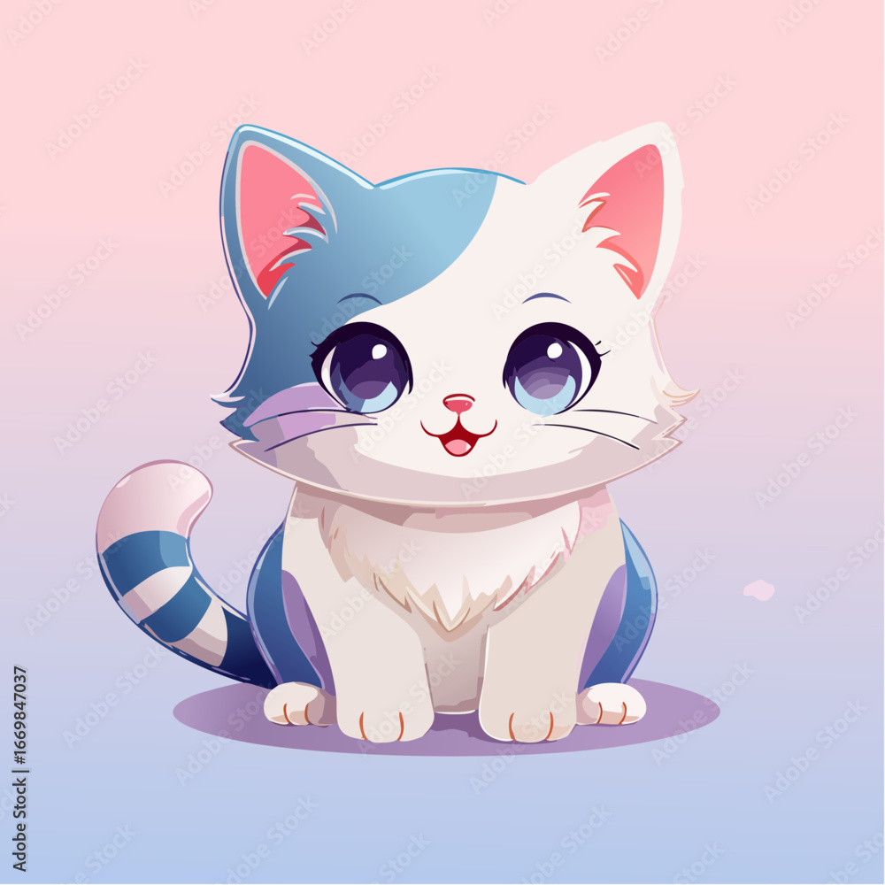 Fototapeta premium カワイイ子猫イラスト – 花と自然に囲まれた可愛いアニメ風デザイン